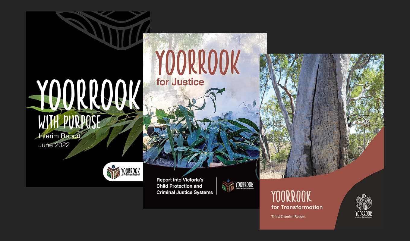 Yoorrook with Purpose, Yoorrook for Justice and Yoorrook for Transformation front covers layed out-side by side.