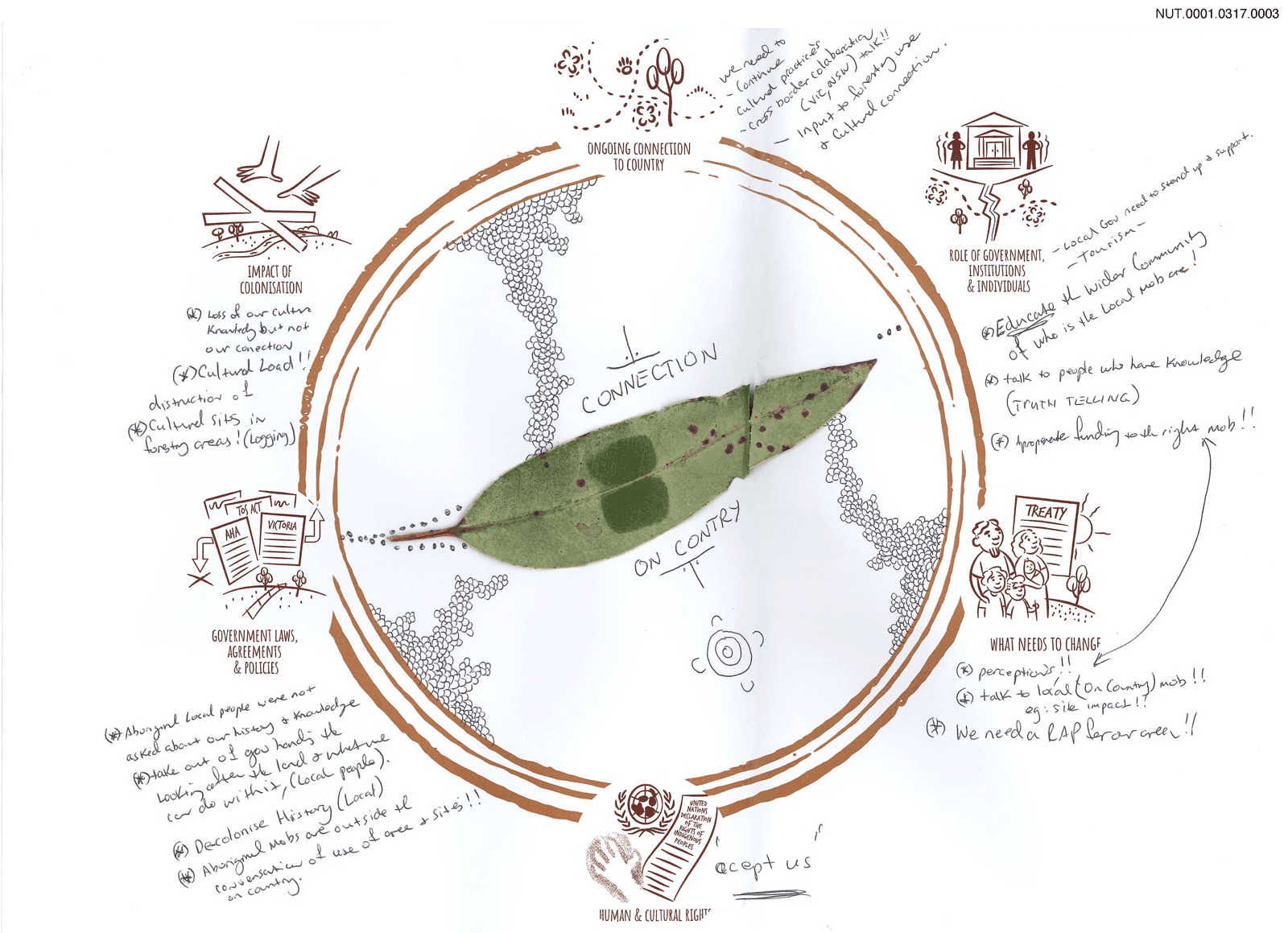 Part of a person's submission. A circular diagram centered around a gum leaf, with the theme “Connection on Country”. Surrounding sections include handwritten notes and illustrations.